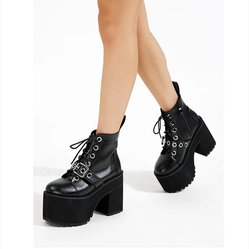 Chunky Heel High Heel Waterproof Platform Boots Women  Winter Ankle Boots Leather PU Side Zip Belt Buckle Design Boots for Women