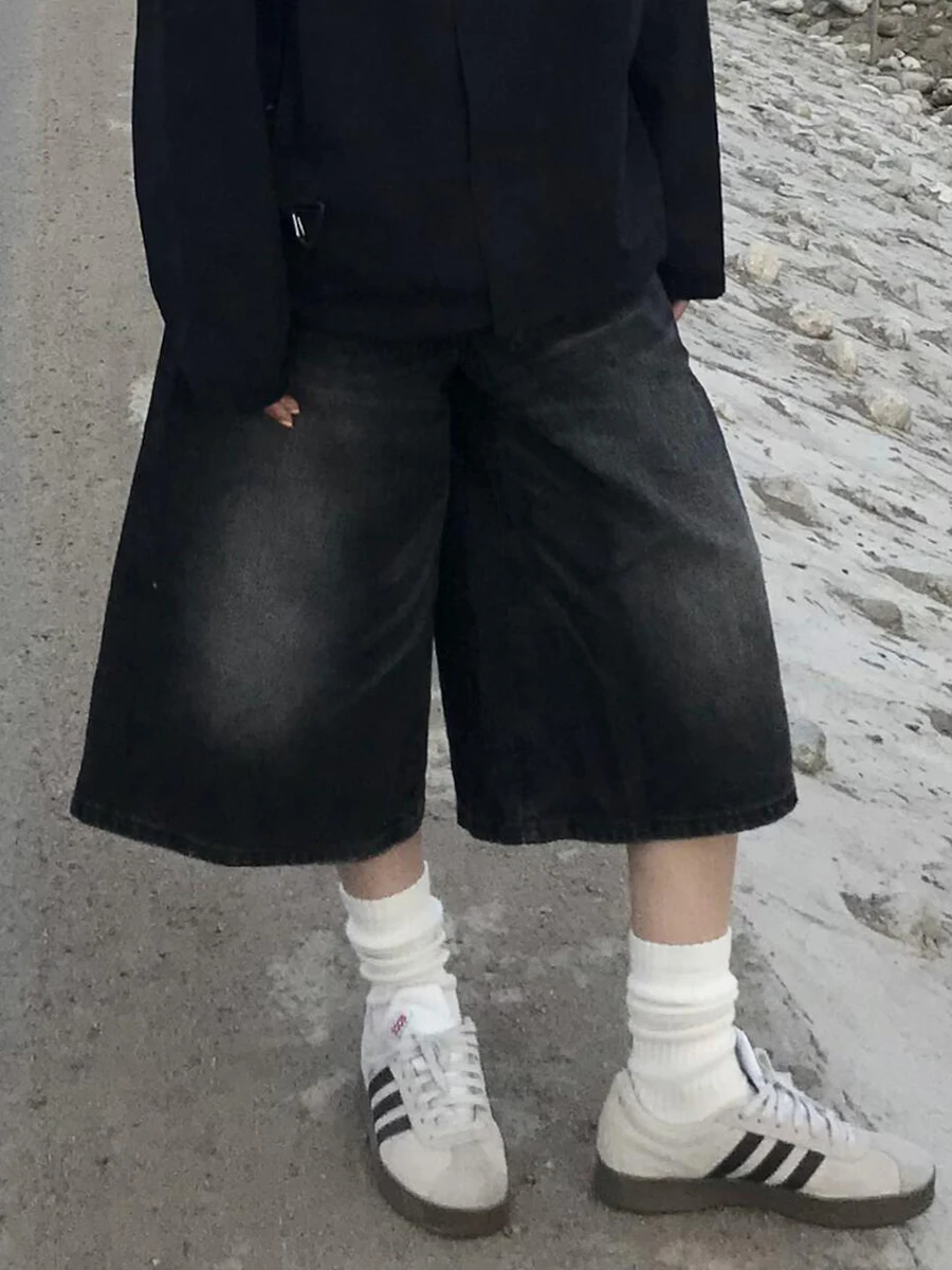 PBAP Do النساء المسنات واسعة الساق الدنيم السراويل كبيرة الحجم منخفضة الخصر الأسود غسلها المتوترة شعيرات فضفاض الجينز الجورت ملابس خمر غير رسمية #3