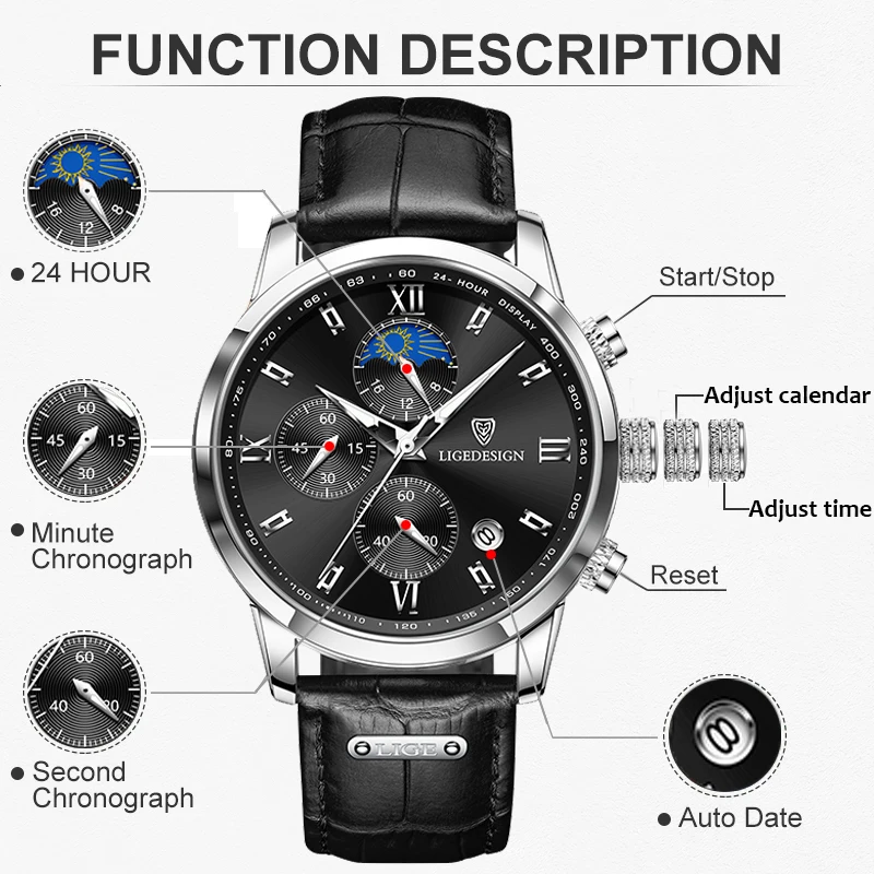 LIGE Leather Watch For Men Business Waterproof Sport Military Men\'s Quartz Wristwatches Top Brand Luxury Moon Phase Watch Men