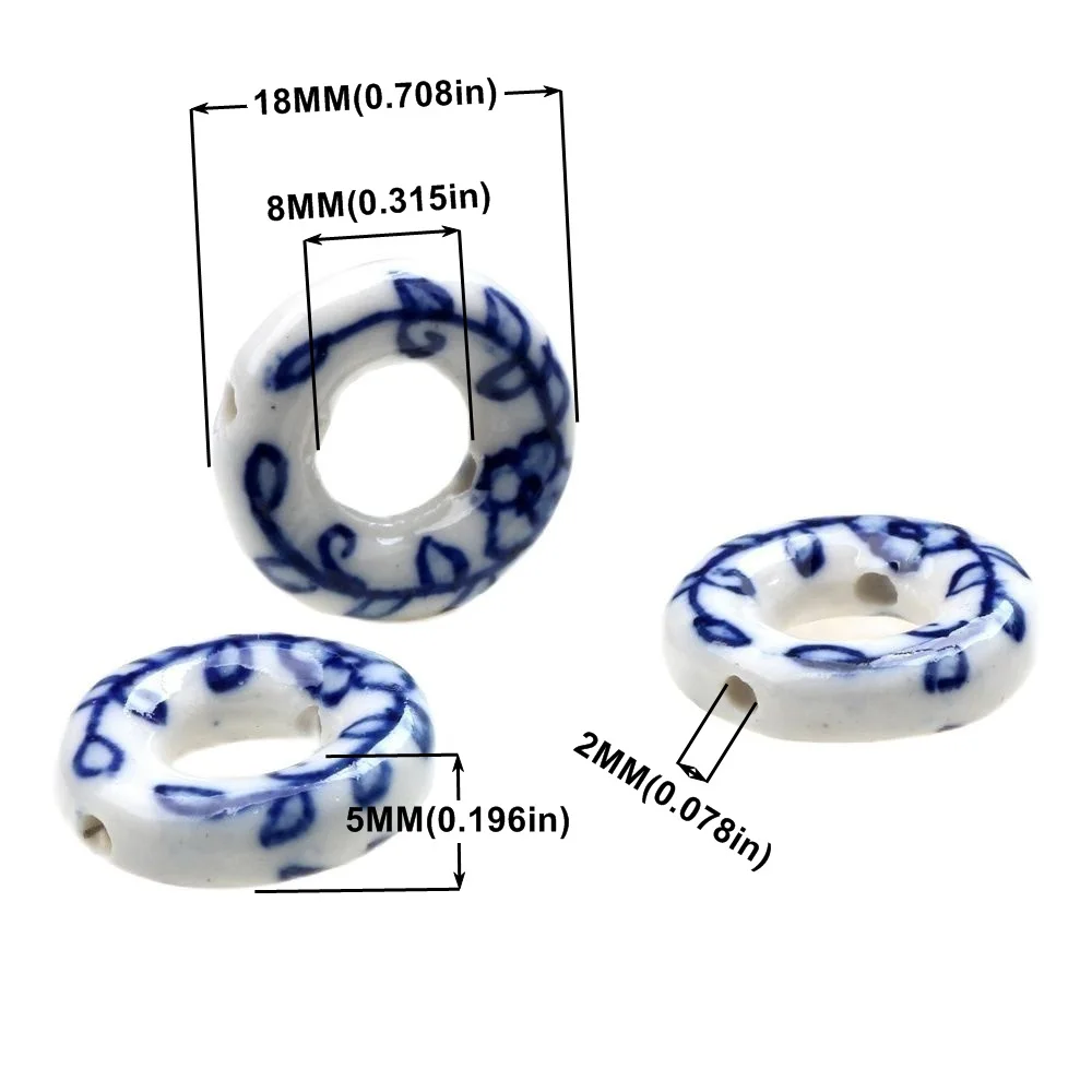 6Pcs/Lot 18MM Ceramic Loose Bead Blue And White Double Hole Nostalgia DIY Bracelet Necklace Earrings For Women Jewelry Making