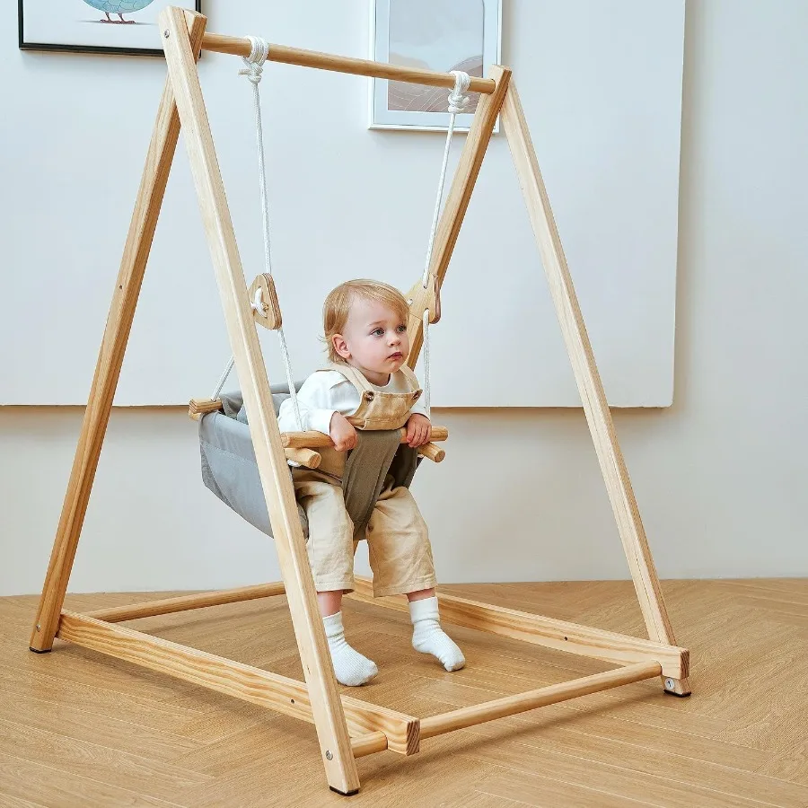 Columpio plegable para interiores para niños pequeños de 6 a 3 años, columpio independiente estilo Premium Montessori Waldorf con soporte en Woo Natural