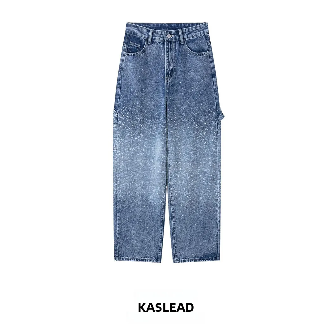 KASLEAD New Women's High Waist Shiny Rhinestone Casual Jeans Straight Leg Polyester Fiber Button Closure Ladies Fashion