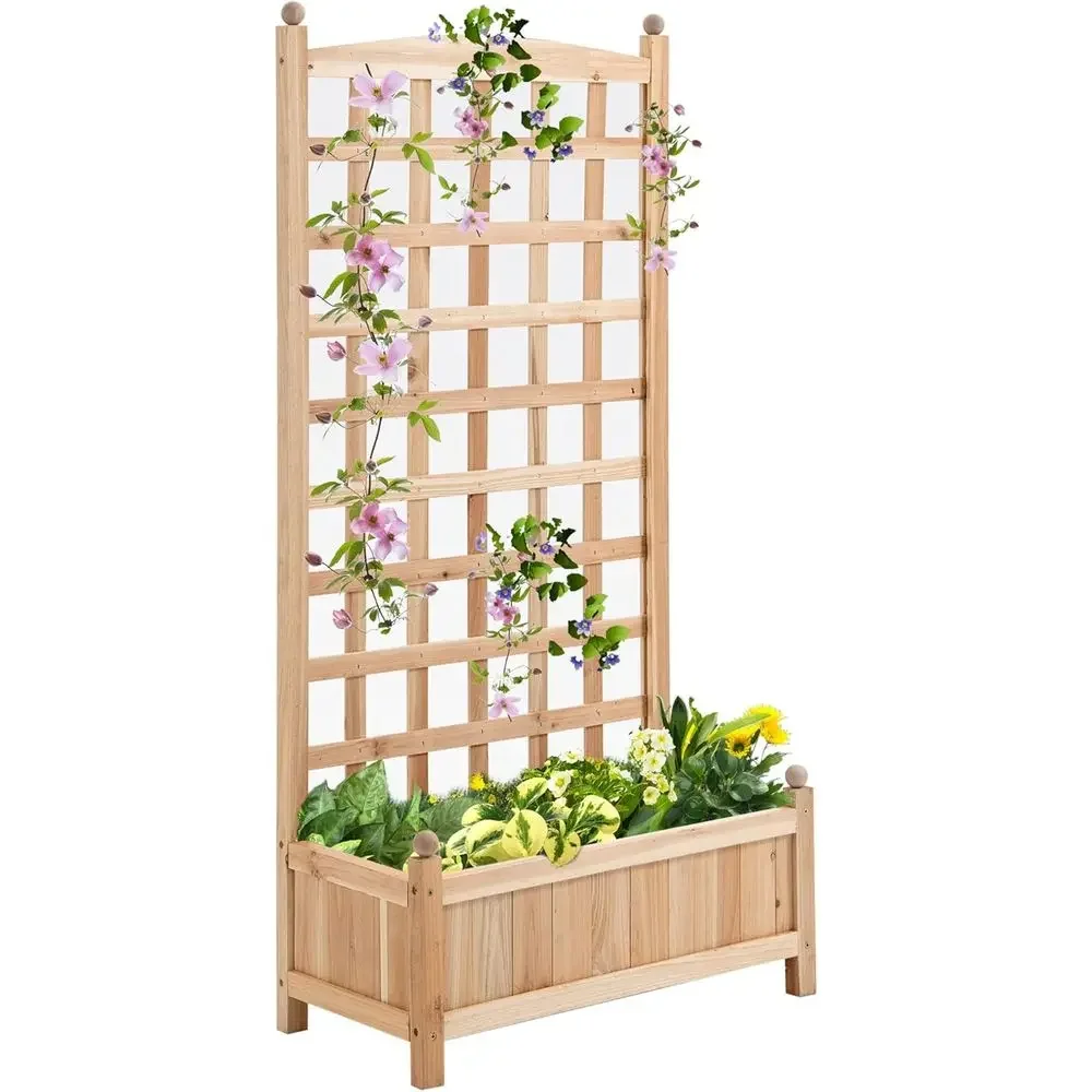 Raised Wooden Garden Bed with Trellis, Drainage Crevices, 24 x 12 x 49 Outdoor Planter Box