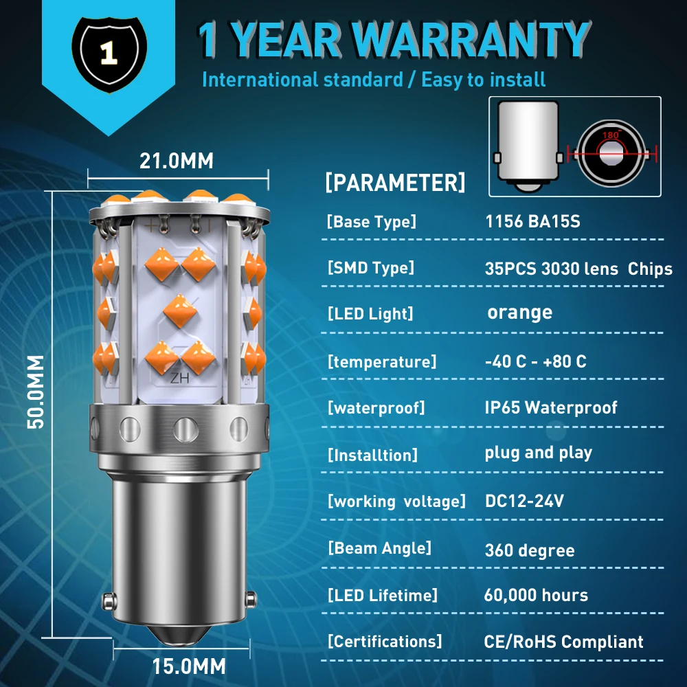 Um pacote 1156 p21w ba15s bau15s py21w 7507 led canbus nenhum hyper flash transformar sinal de luz lâmpada embutido resistor erro livre laranja