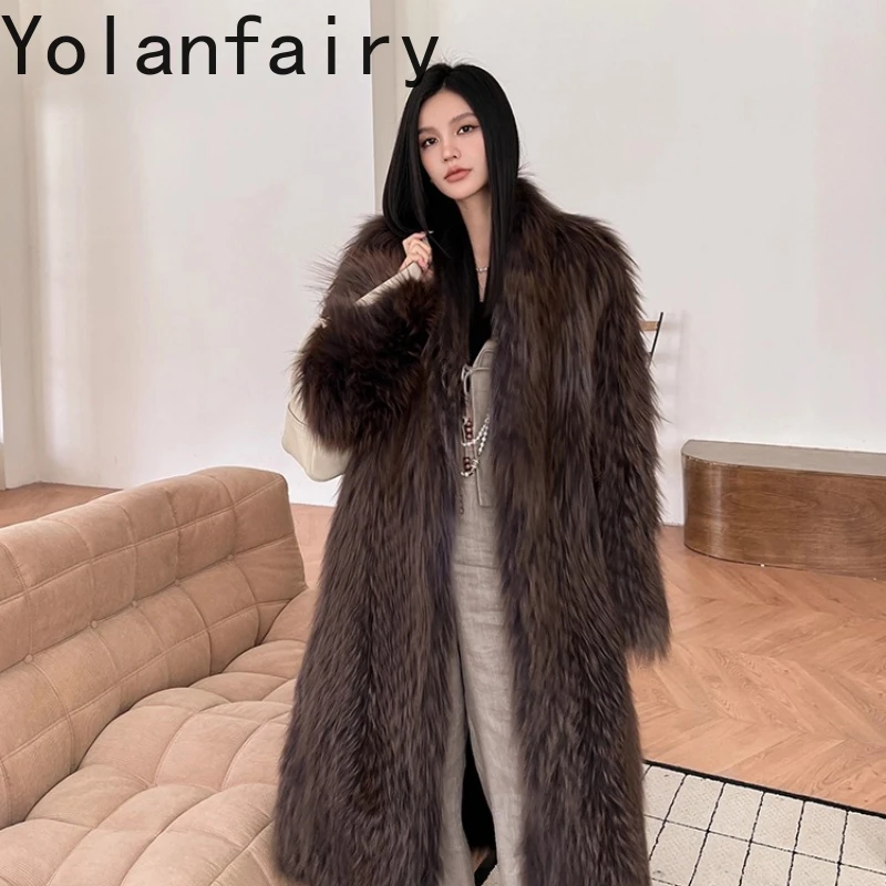 

YOLANFAIRY autumn and winter whole fox fur turn-down colla woman long sleeve Long fur Wool collar coat дубленка женская 2025