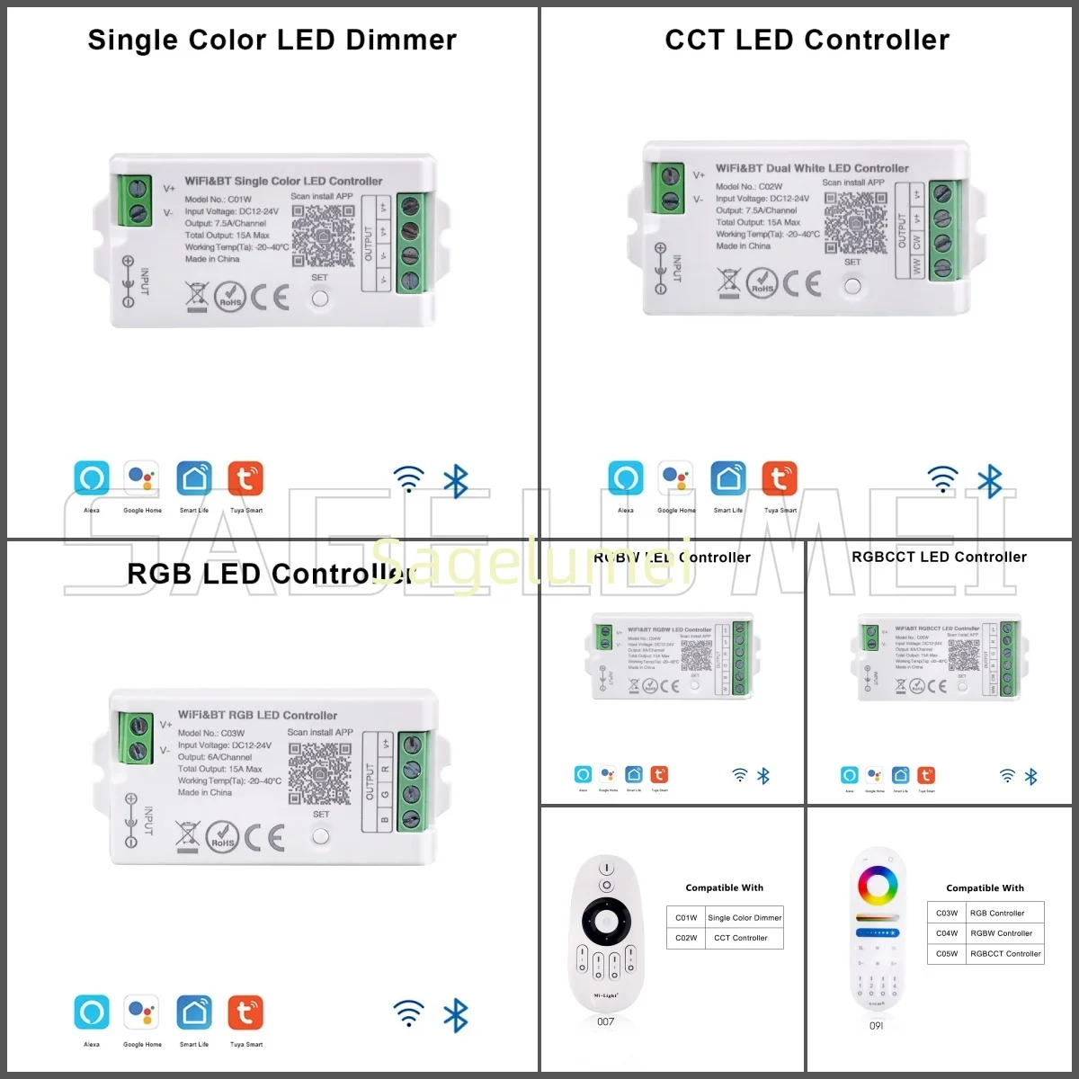 

Tuya WiFi LED Controller Home Voice Control RGB RGBW CCT LED Strip Smart Controller APP BT RF Remote 2.4G DC12V-24V LM091 LM007