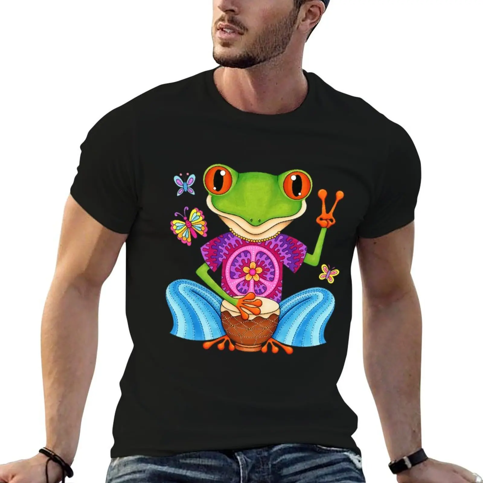 

Peace Frog - Colorful Hippie Frog Art by Thaneeya McArdle T-Shirt man t shirt heavy cotton t shirt man casual T-Shirt
