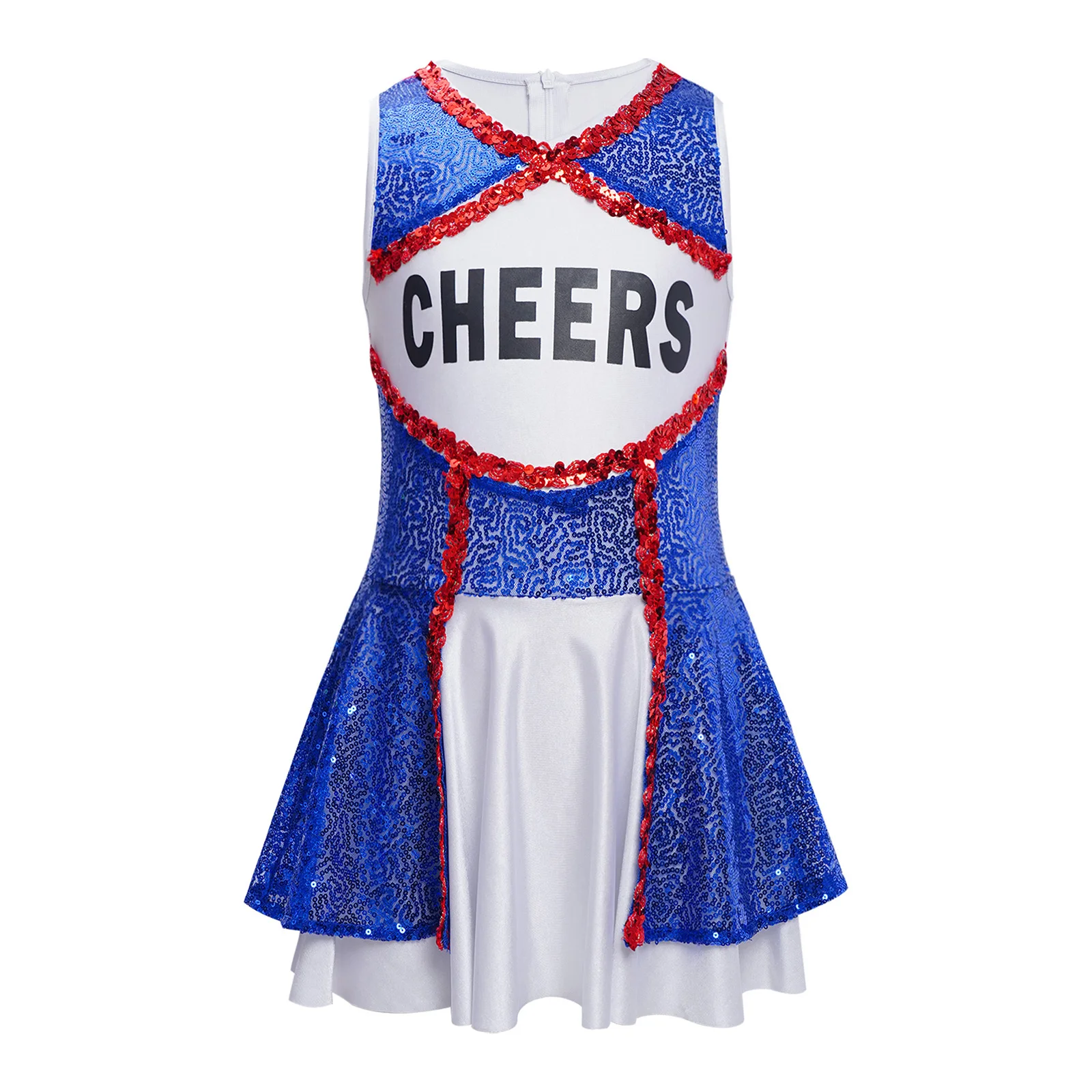 

Girls Cheerleading Uniform V-Neck Sleeveless Color Block Sparkling Sequins Dress for High School Cheerleader Stage Performance