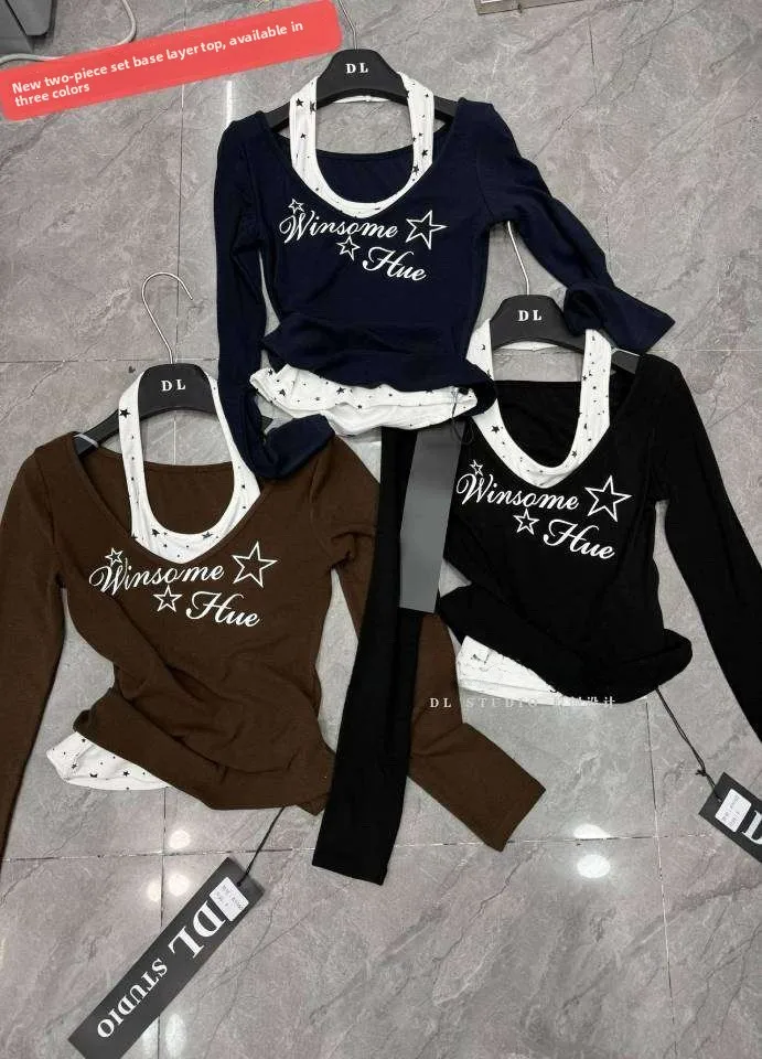 

Faionable Korean Sle Letter Print T-irt Women's Base Layer Two-Piece Set Autumn New Arrival Breathable Cotton Long S...