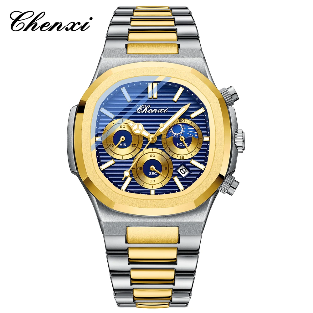 

CHENXI Многофункциональные кварцевые часы для мужчин со светящимся календарем, водостойкий хронограф, мужские часы с ремешком из нержавеющей стали