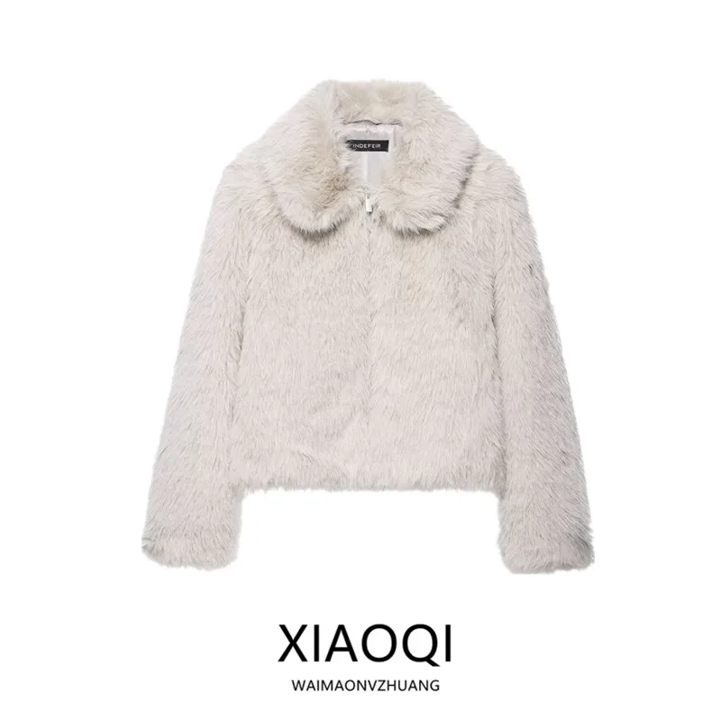 

Fall 2025 Women's Faion Synthetic Fur Effect Zipper ort Jaet Versatile New Arrival Ladies' Coat Long Sve Turn-down C...