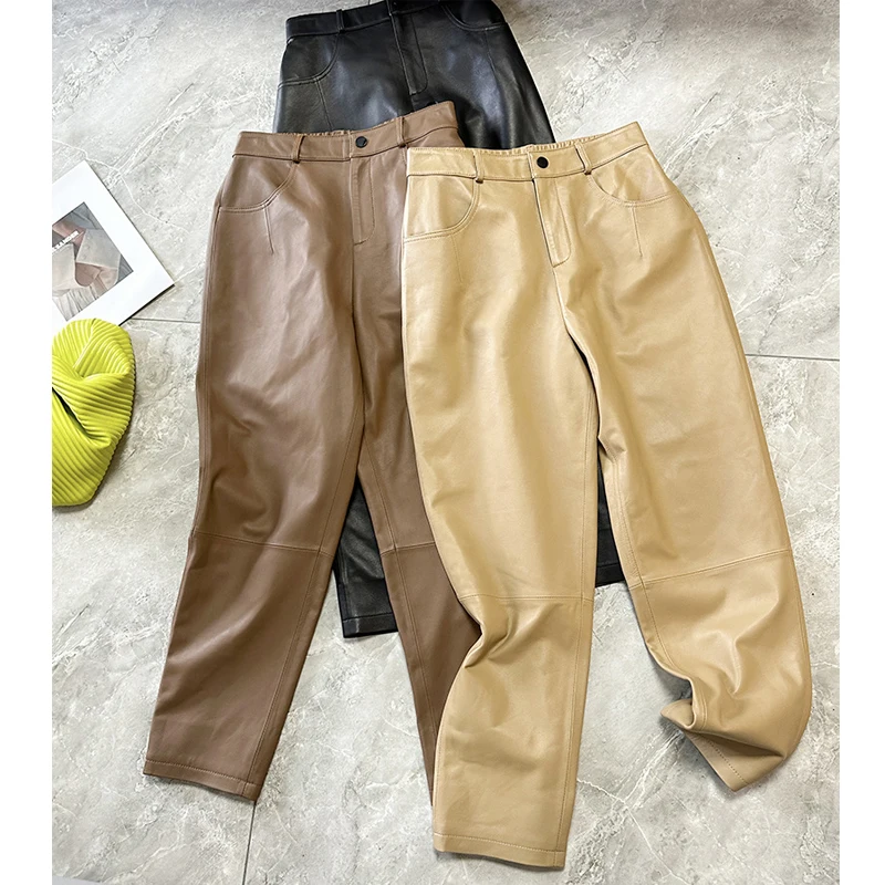 Lambskin Real Leather Pants For Women Elastic Waist Wide Leg Straight Pants Chic Office Ladies Casual Ankle-Length Pencil Pants