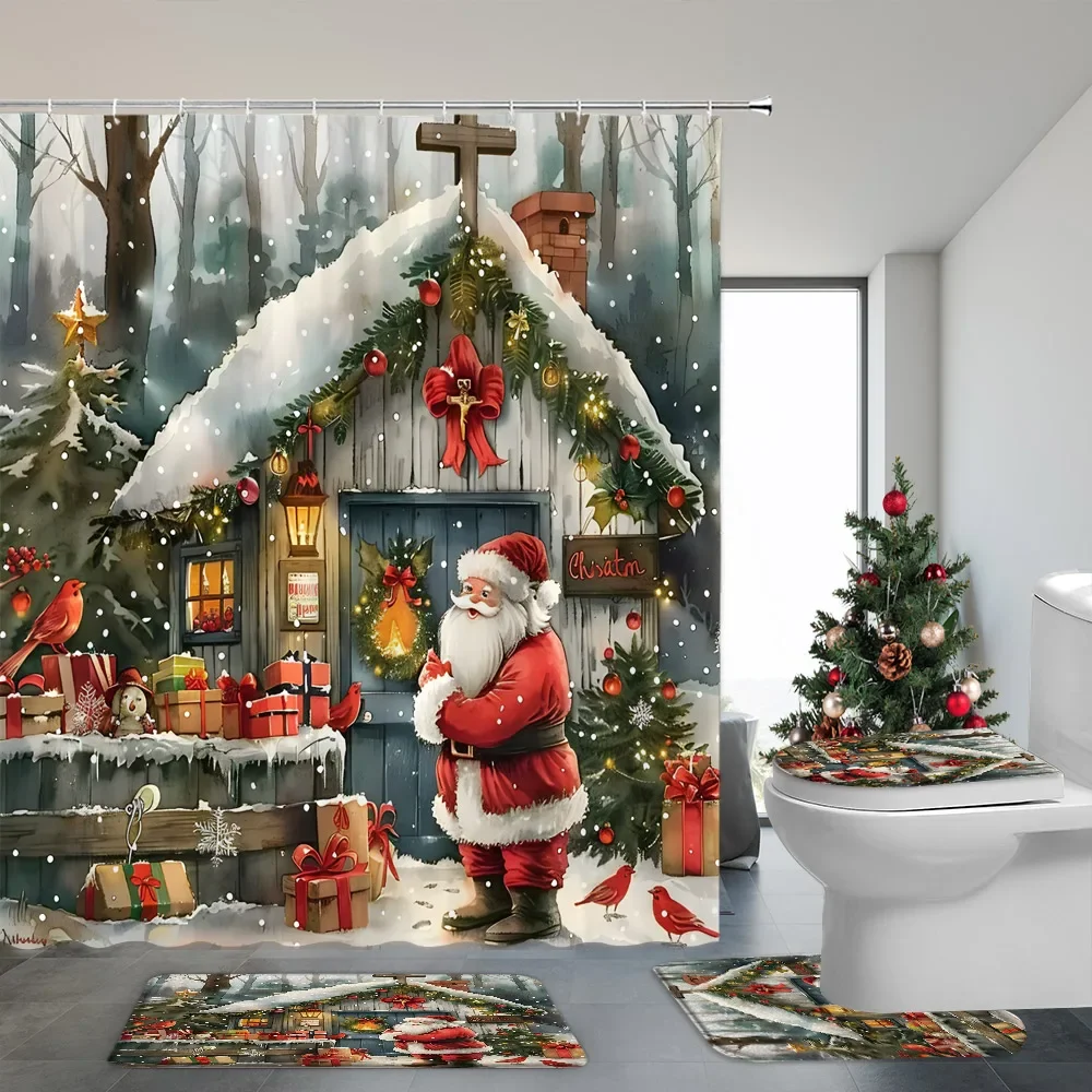 4 Pcs Christmas Snowman Shower Curtain and Rug Set Santa Claus Christmas Gifts Snow Scene Hanging Curtain Bath Mat Bathroom Deco