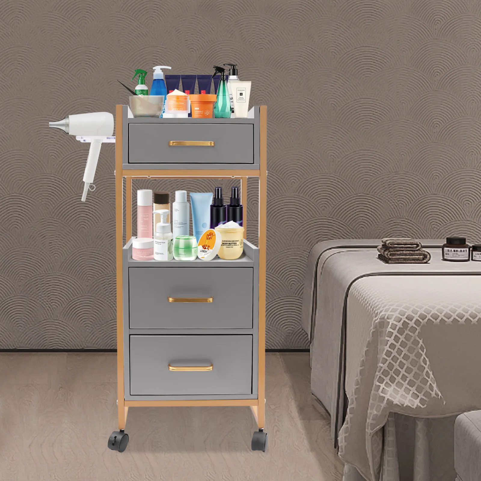Barber Trolley, Salon Cart, Salon Storage Cabinet 3 Drawer Rolling Gold Frame Grey Board High Load Durable Salon Tool Organizer for Hairdresser