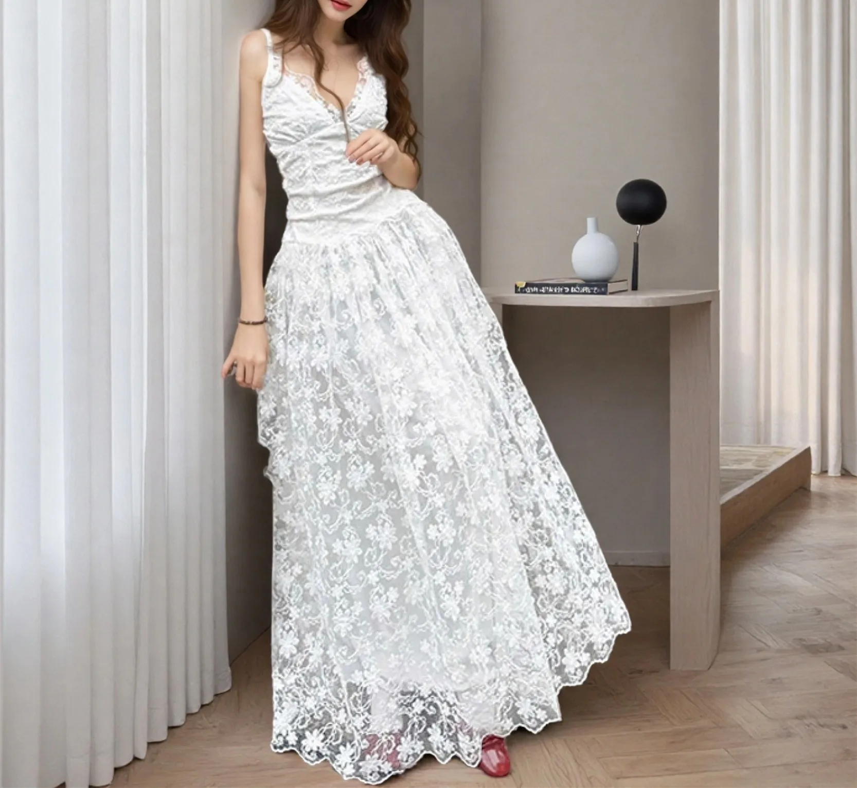 موضة جديدة مثير السباغيتي حزام الخامس الرقبة الدانتيل شبكة صالح و مضيئة بلون سليم صالح الطابق طول فستان بروتيل للنساء