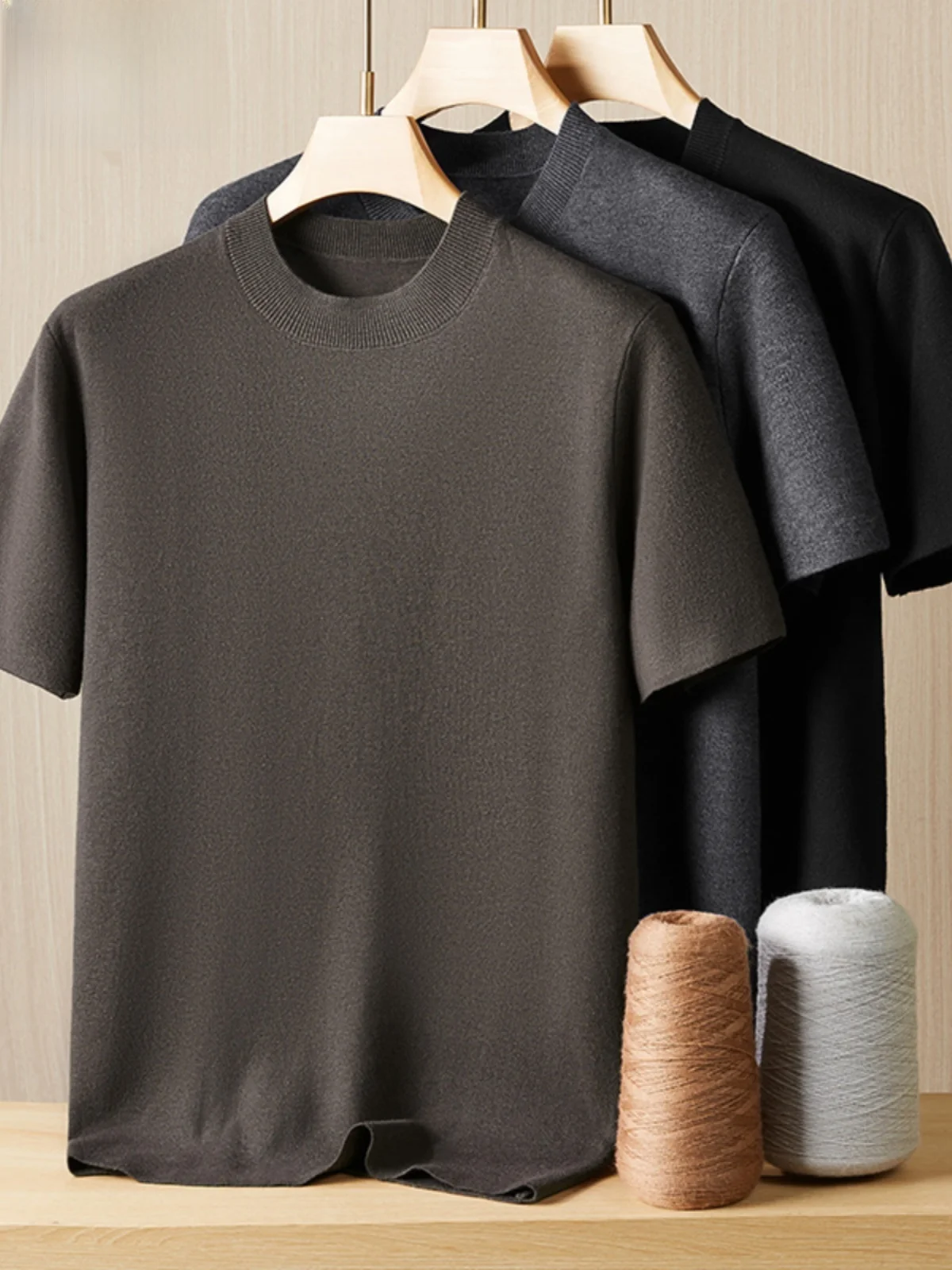 

Мужской вязаный свитер свободного кроя больших размеров для осени и зимы, модный, с полувысоким воротником, коротким рукавом, из смесовой шерсти, базовая модель.