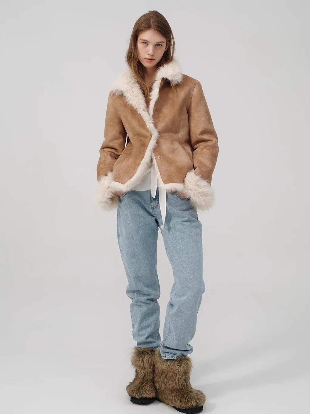 Jaet intercato in pelliccia e pelle ecologico per le donne Pendolari Sle Slim Fit Lungo Sve Thiened Autumn Season Button Cl...