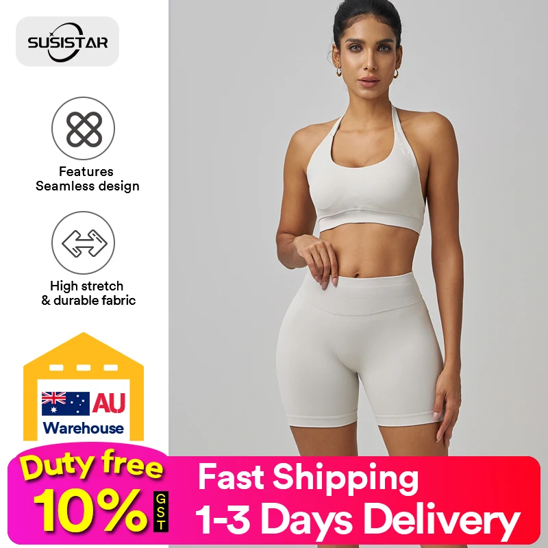 SUSISTAR Workout Sets for Women 2 Piece Crossover HIgh Waist Booty Shorts and Sports Bras Gym Yoga Outfits