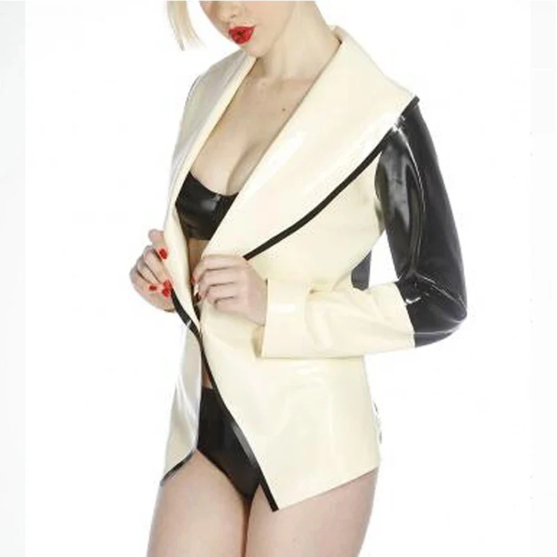 

Latex Rubber Gummi Fashion Black Jacket Stylish Black with White Comfortable Party Wear
