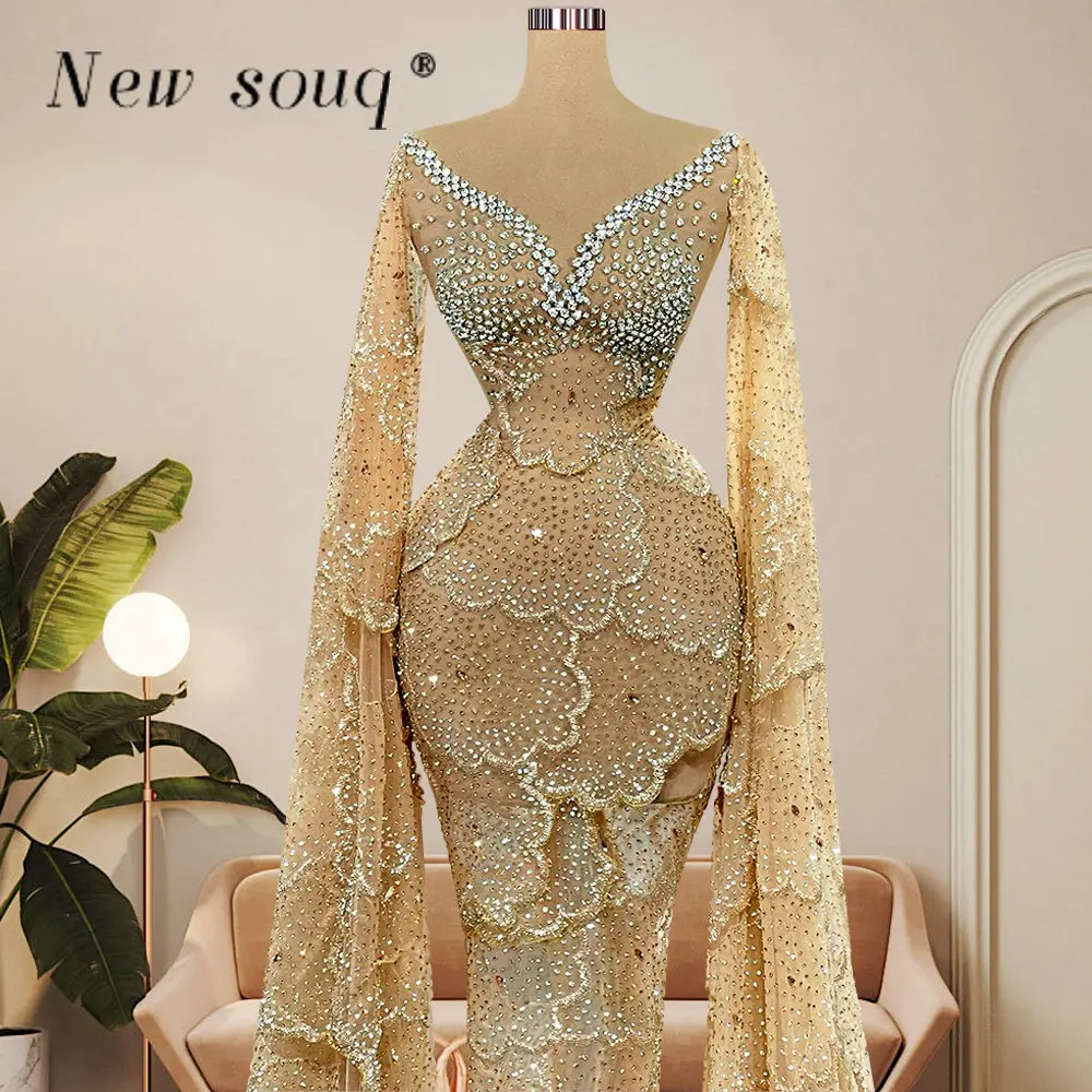 Arabic Champagne Glittery Shoulder Cape Evening Dresses Crystals Long Women Red Carpet Celebrity Party Gowns Middle East Robes