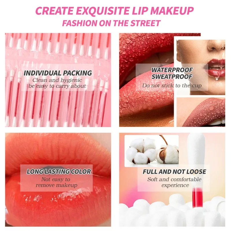 20 unids/set hisopo de algodón lápiz labial desechable brillo de labios portátil mate tinte de labios afrutado taza antiadherente cosméticos de maquillaje de labios duraderos