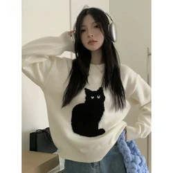 Sweet Sweater Pullover Women Cartoon Cat Pullover Autumn Winter Outwear Loose Vintage Knitted Tops Female Fashion