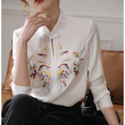 Retro Women's 2024 Summer New Patchwork Stand Collar Embroidered Buckle Hollow Out Fashion Casual Long Sleeved Blouses Shirts