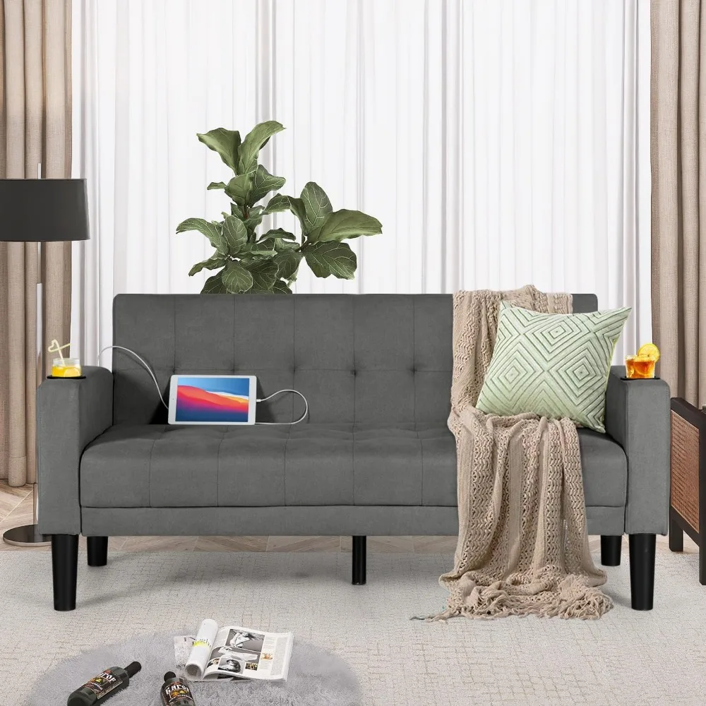 مقعد Loveseat من قماش الكتان معنقدة حديثًا مع منافذ USB وحاملات الأكواب وجيوب جانبية للجلوس المريح