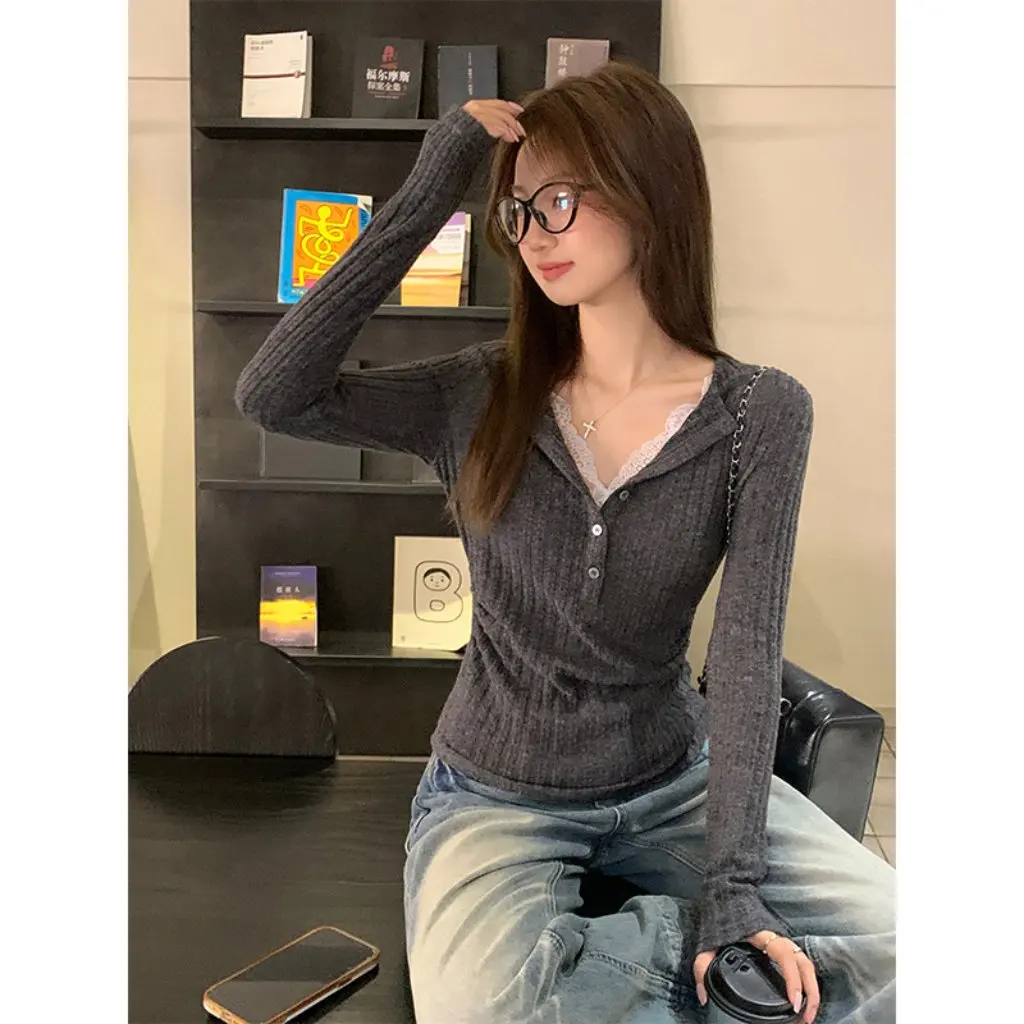 

Женская облегающая футболка с длинными рукавами, кружевная базовая рубашка с лацканами, топ с полуоткрытым воротником на осень и зиму