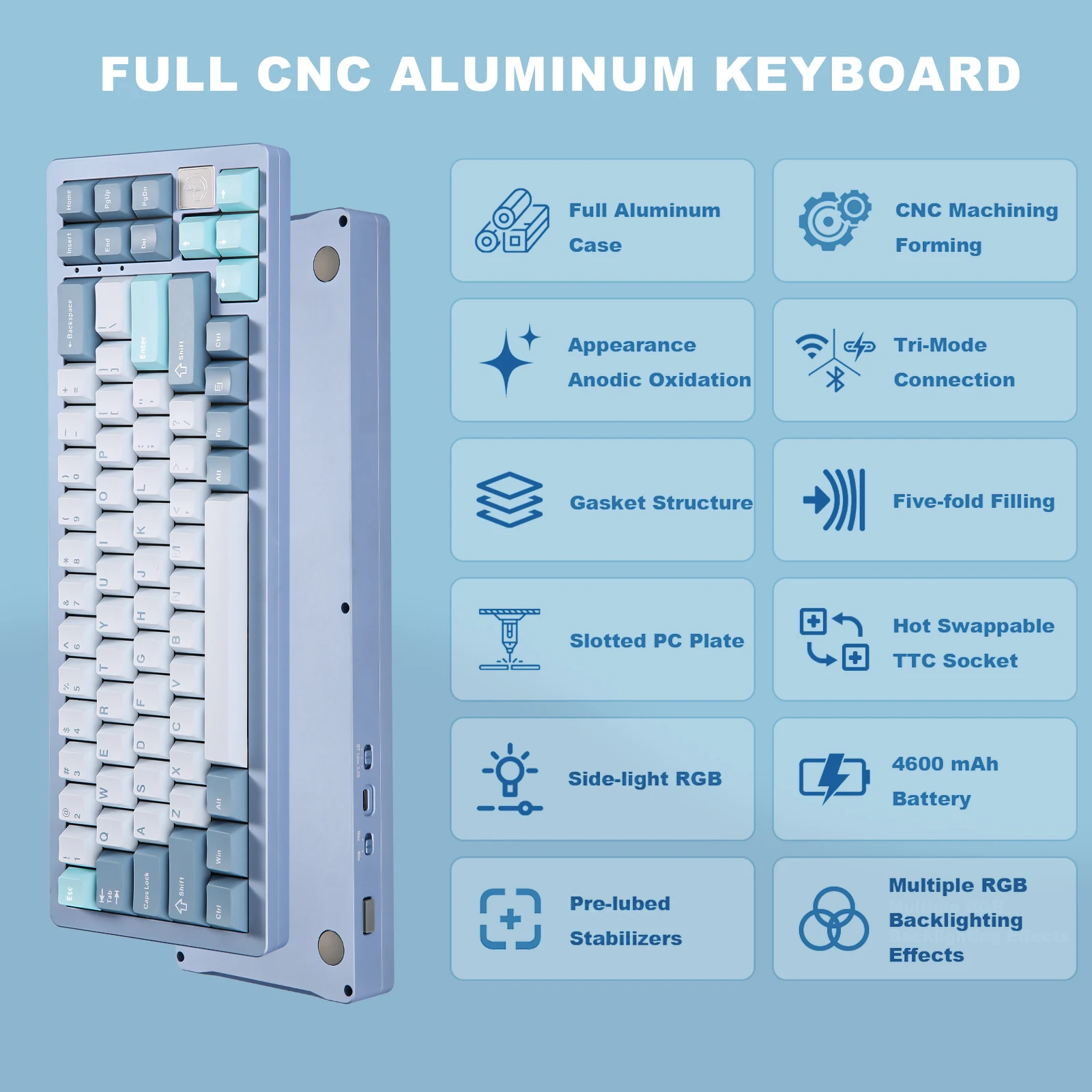 メカニカルキーボード,アルミニウム,CNC,YUNZII-AL71,5.0 GHz,al71,Bluetooth USB-C,ホットスワップ可能なシール,ワイヤレス,68%