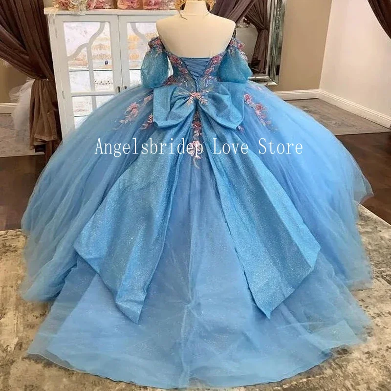 Angelsbridep Sparkling Blue Ball Gown 15 Year Old Quinceanera Dresses With Pink 3D Flower Bow Off Shoulder Luxury Party Gowns