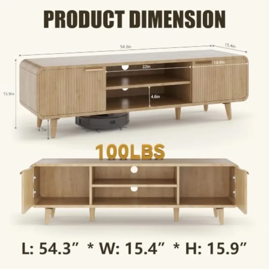 Mid-Century Modern TV Stand Media Console for living room, solid wood, walnut finish, sleek tapered legs and concealed storage