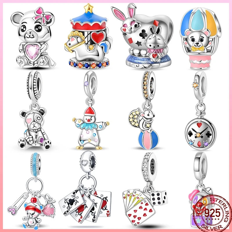 925 Sterling Silver Magician Circus Playing Cards Teddy Bear Charm Beads Suitable Fit Pan 925 Original Bracelet Diy Jewelry