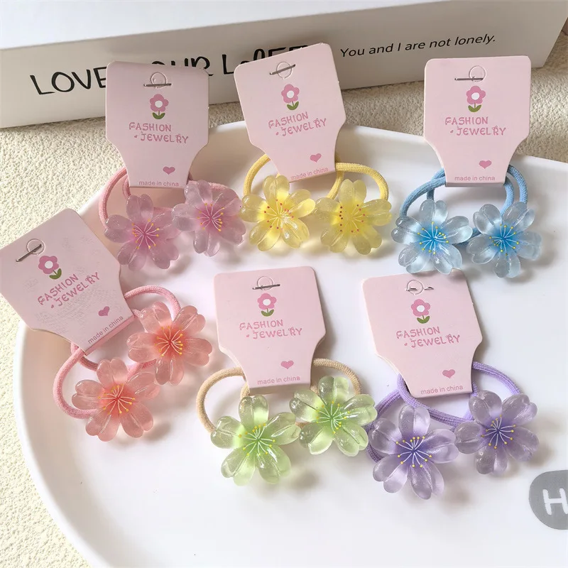 2 Pieces Cute Five Petal Cherry Blossom Princess Headwear Kids Elastic Hair Bands Children Hair Ropes Girls Hair Accessories