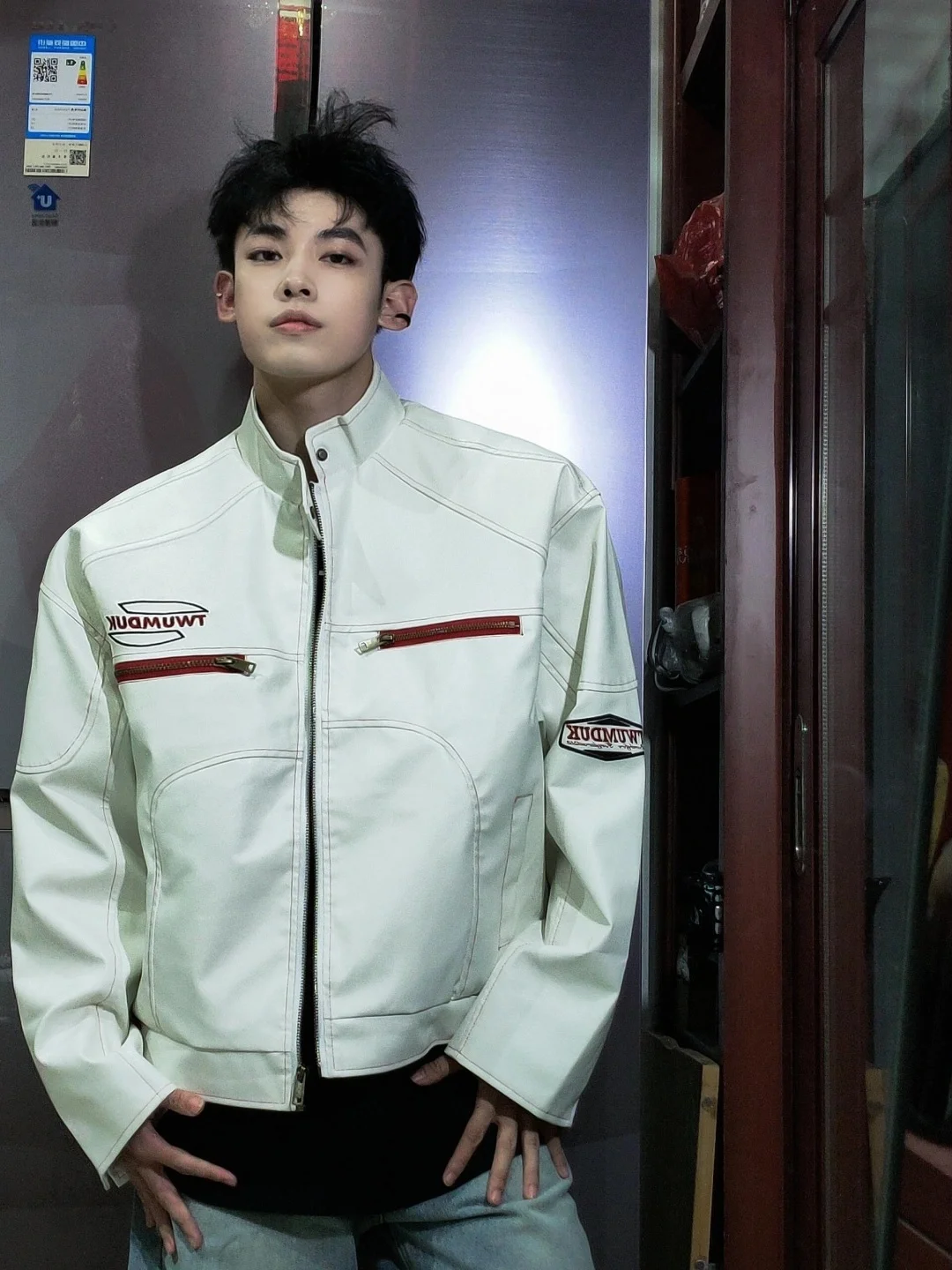 

Retro American Workwear Motorcycle Jaet Loose Fit High Street Color Blo PU Leather Racing Collar Coat for Men And Women