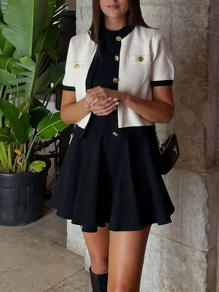 أنيقة المرأة سترة مشغولة من الصوف س الرقبة قصيرة الأكمام واحدة الصدر معاطف 2025 الصيف البرية الأساسية امرأة سترة