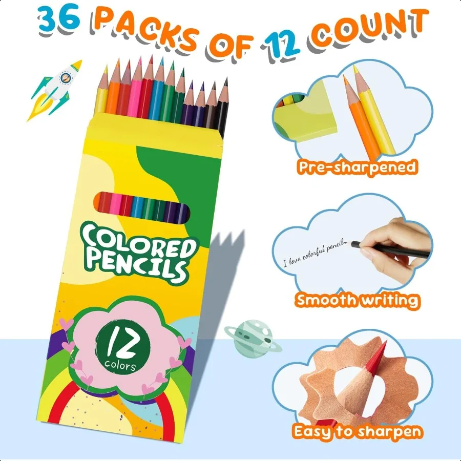 Цветные карандаши 432 шт., оптом, 12 разных цветов, 36 упаковок предварительно заточенных цветных карандашей для школьных цветных карандашей