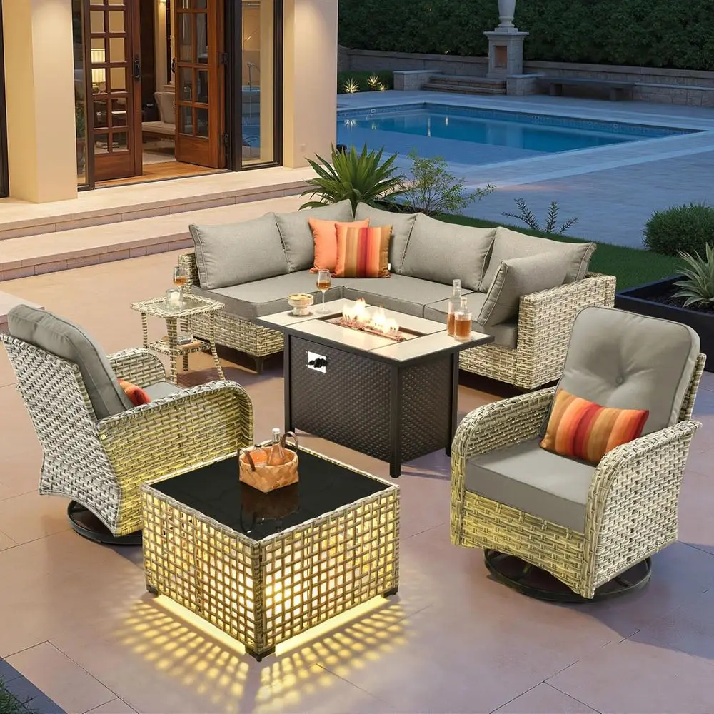 

Уличный секционный комплект мебели для патио L-образной формы из 9 предметов с столом-очагом и вращающимися стульями, серый цвет