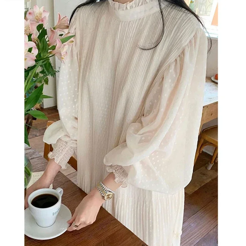 Gagarich Vintage Loose Solid Fungus Splicing Long Dress Woman Elegant Stand Collar Lantern Sleeves Polka Dot A-line Vestidos Ins