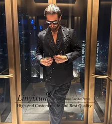 Luxury Beaded Men Suits With Crystals Groom Wedding Tuxedos 2 Pieces Sets Male Prom Party Blazer Double Breasted Costume Homme