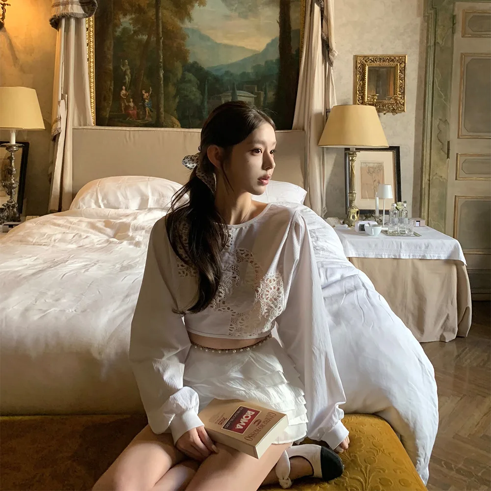 

Women's Crop Top 2026 Spring Summer Lantern Sleeve T-shirt Base Layer Elegant Hollow Backless Short Top Luxury Style Crop Top