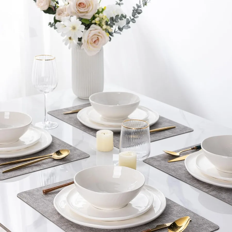 Conjuntos de louças de cerâmica para 4 incluindo pratos e tigelas de porcelana com design de borda ondulada adequados para máquina de lavar louça de micro-ondas e