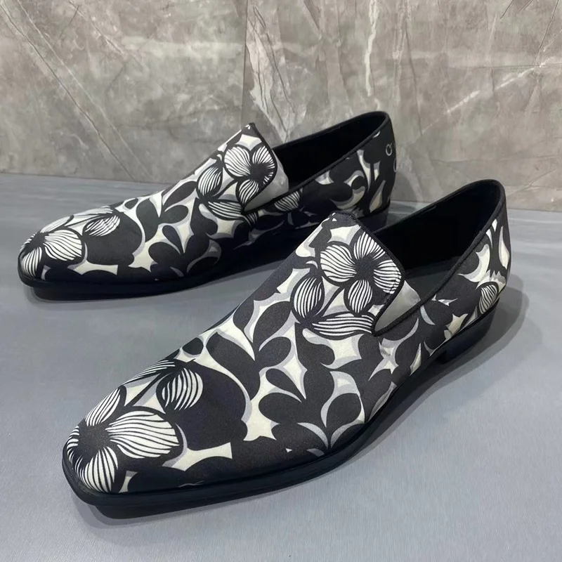 Italy Fashion Mixed Colors Cloth Shoes Print Floral Loafers Men Luxury Slip On Casual Shoes Men's Flats Dress Shoes