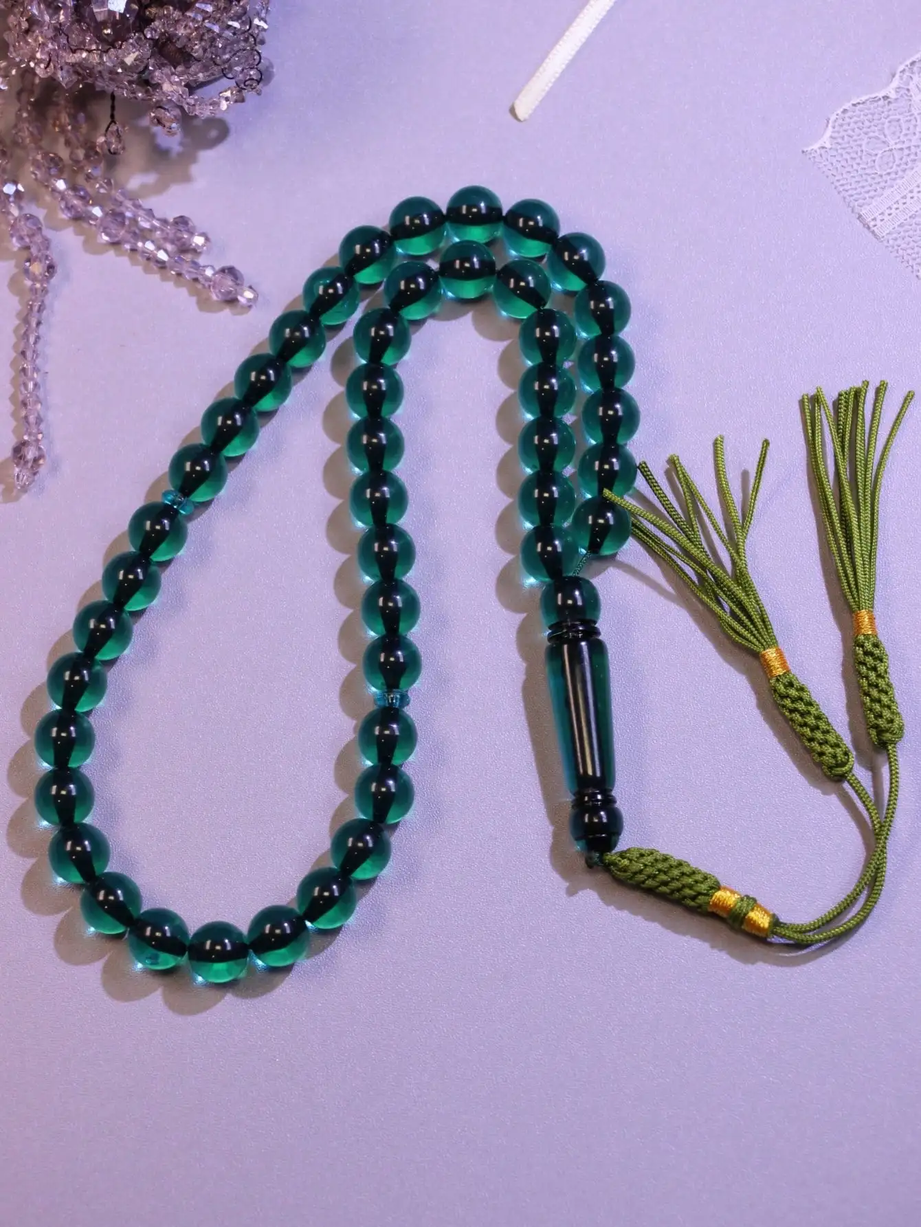1PC Crystal Green 45Pcs 10mm Tassel Pendant Islamic Prayer Beads Resin Hand Woven Muslim Tasbih Perfect for Eid al-Fitr Ramadan - view 4
