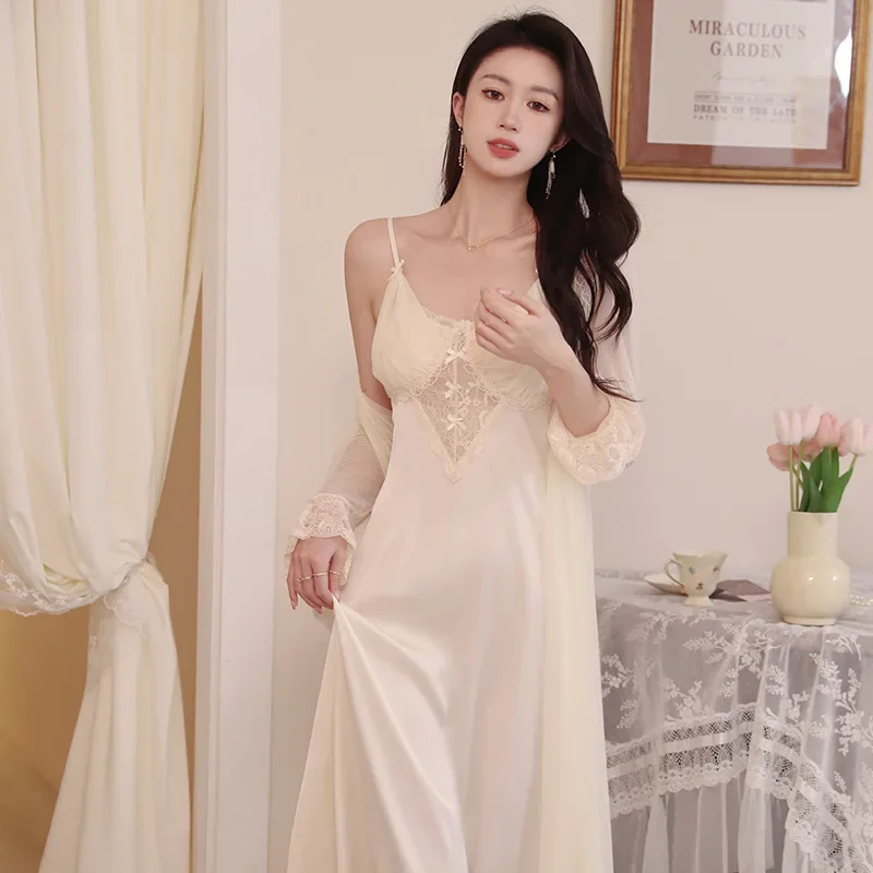 Princess Satin Peignoir Sleeping Dress V Neck Solid Color Nightdress Two Pieces Spring Ice Silk Robe Sets Long Dressing Gown