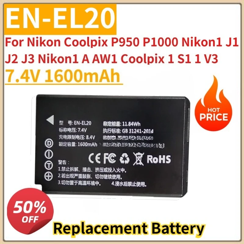 

New EN-EL20 Camera Battery 7.4V 1600mAh for Nikon Coolpix P950 P1000 Nikon1 J1 J2 J3 Nikon1 A AW1 Coolpix 1 S1 1 V3