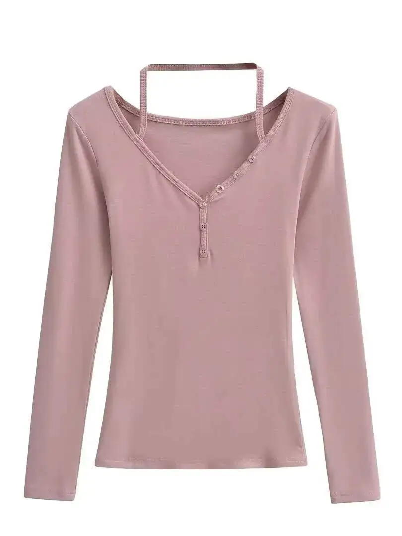 

Новинка осени 2026: Сексуальный женский пуловер с вырезом халтер, на пуговицах, с длинным рукавом, приталенный, однотонный, облегающий топ 02BT