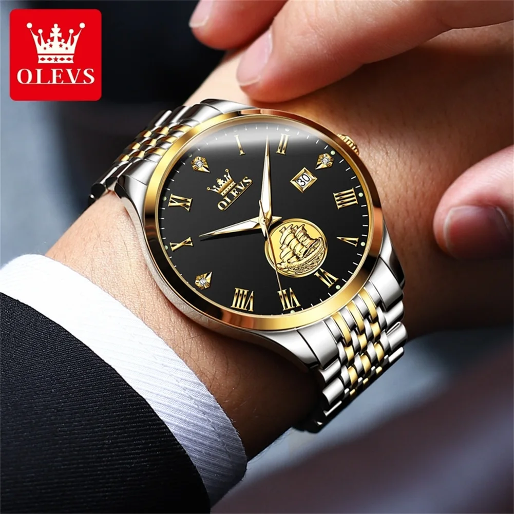 OLEVS 6696 Automatic Watch for Men Luxury Brand Real Gold Sailboat Stainless Steel Waterproof Date Men\'s Mechanical WristWatch