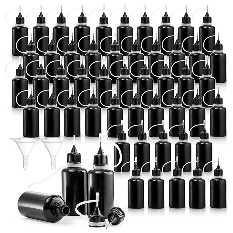 

50 Pack Black Precision Tip Applicator Bottles With 2 Funnels, 1 Oz / 30Ml Needle Tip Glue Bottles, Small Squeeze Bottle