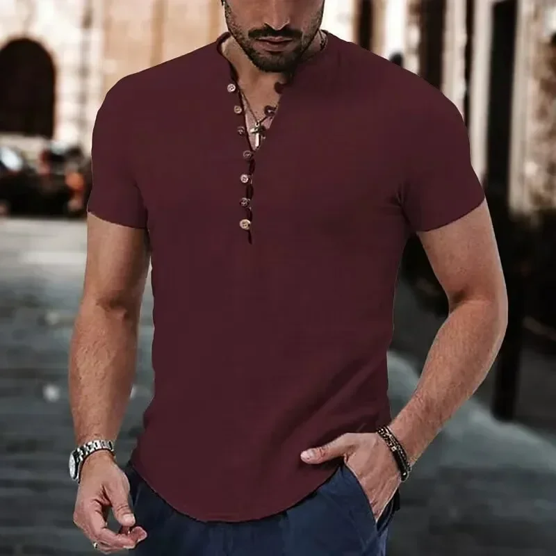 Men's Linen Casual Plain V-Neck Summer Casual Shirt